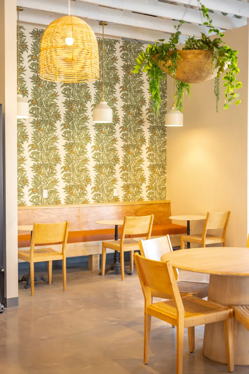 Café Luna dining room with leaf wallpaper and wooden chairs